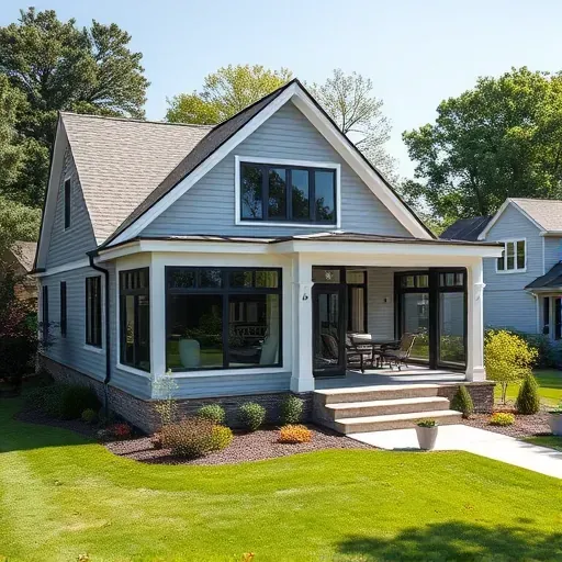 Beautiful new home addition in Columbus Ohio with large windows modern porch landscaped yard and clean architectural lines