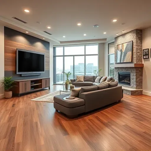 Spacious modern basement in Columbus with hardwood floors, sectional sofa, large TV, fireplace, custom cabinetry, and stylish decor