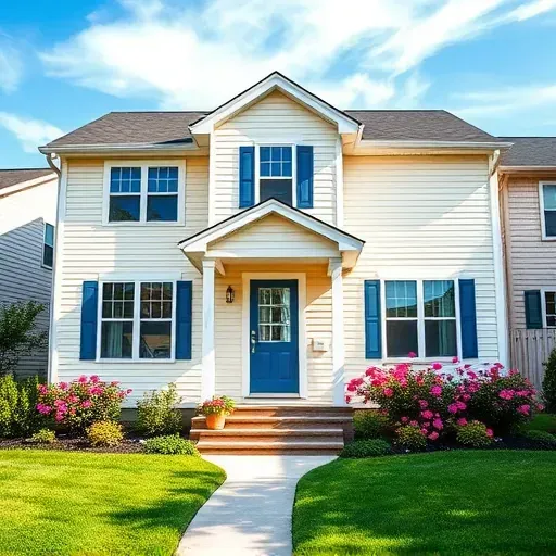 Freshly painted modern Columbus Ohio home with cream siding white trim blue door lush landscaping clear sky
