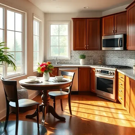Beautifully remodeled kitchen in Obetz, OH featuring granite countertops, mahogany cabinets, and a cozy dining nook.
