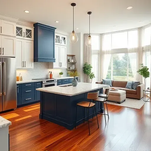 Modern kitchen in Clintonville OH with sleek cabinetry, granite counters, island, and cozy living area illuminated by natural light.
