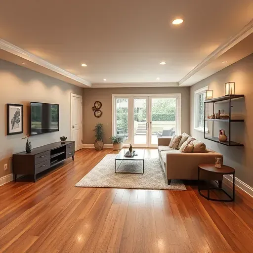 Beautiful finished basement in Columbus Ohio with modern design, hardwood floors, neutral walls, cozy seating, and natural light
