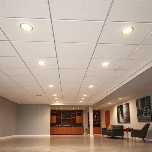 Finished basement with white acoustic drop ceiling, recessed LED lights, polished concrete floors, neutral walls, and organized storage