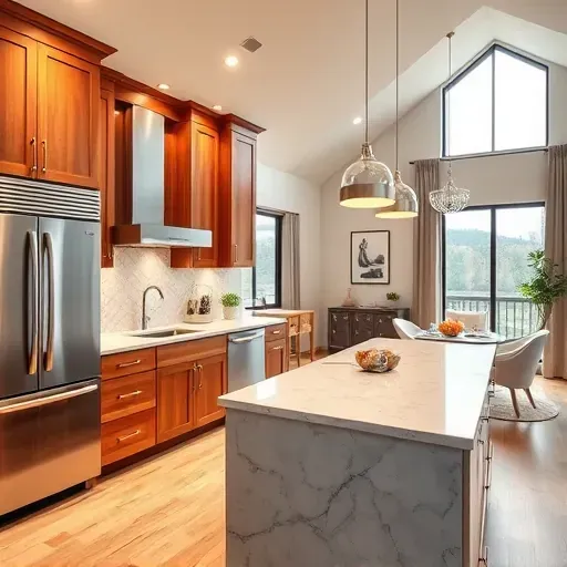 Modern kitchen remodel in Ostrander OH features stainless steel appliances, quartz island, and warm wood cabinetry.