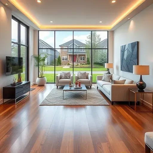 Spacious modern living room in Columbus Ohio with hardwood floors neutral decor large windows and stylish lighting