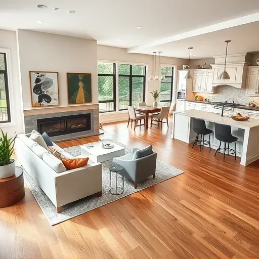 A remodeled living room in Worthington, OH with hardwood flooring, elegant furnishings, large windows, and modern kitchen.