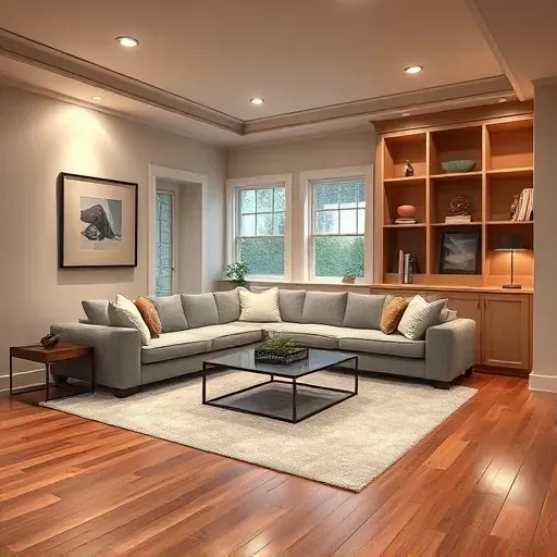 Beautifully finished cozy basement in Columbus with neutral walls, plush rug, and elegant shelving for decor and books.