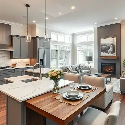 Modern Grove City kitchen remodel with sleek cabinetry, quartz island, and cozy dining area, inviting natural light.