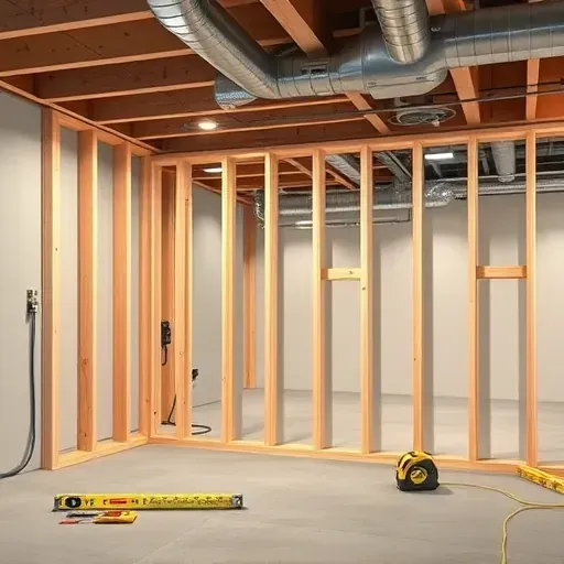 Finished basement wall framing in Columbus Ohio with clean wooden studs, drywall, insulation, electrical wiring, and organized tools