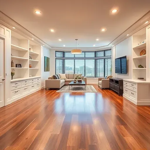 Beautifully finished basement in Columbus OH with hardwood floors, white walls, and modern lighting for a cozy atmosphere.