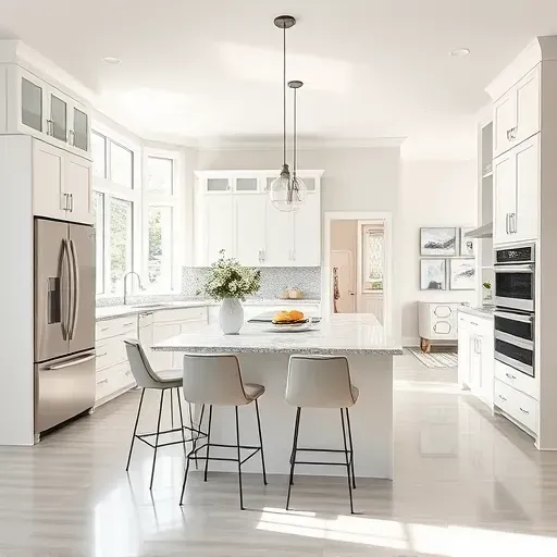 Modern kitchen remodel in Etna, OH features white cabinetry, granite countertops, and stainless steel appliances.