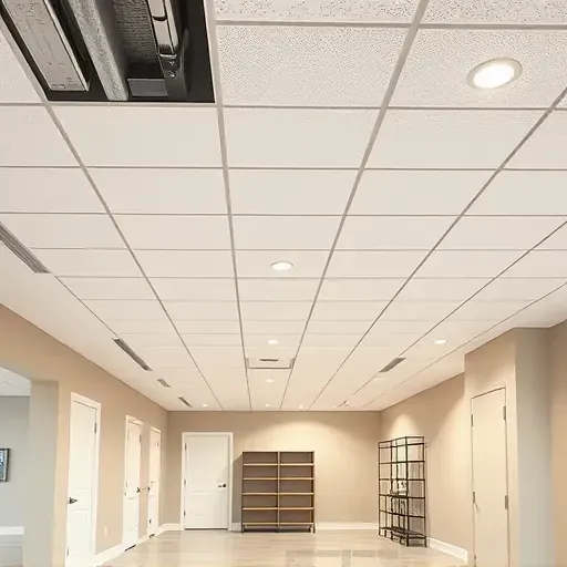 Finished basement ceiling with white tiles, metal grid, recessed lighting, painted drywall, and polished concrete floor in Columbus