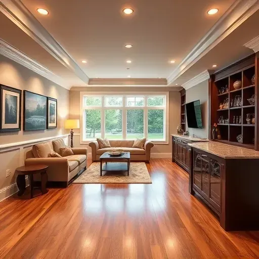 Meticulously finished basement in Columbus, Ohio with polished hardwood floors, elegant crown molding, and modern lighting.