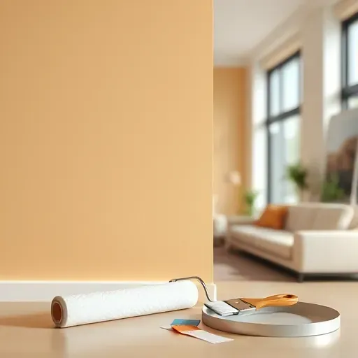 Freshly painted neutral interior wall in a modern home with painting tools and stylish living room background.