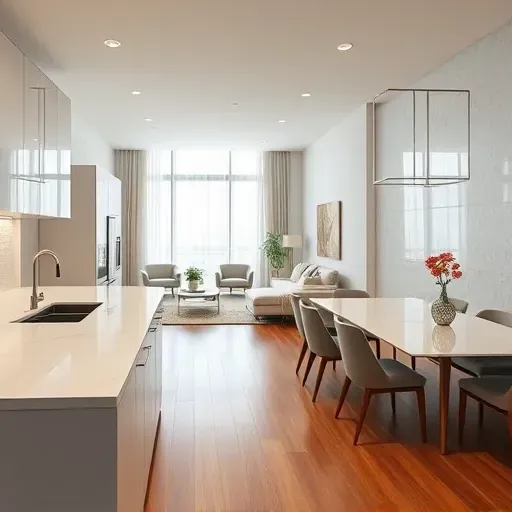 Modern kitchen remodel in Whitehall OH features high-end appliances, elegant cabinetry, and spacious living area with natural light.