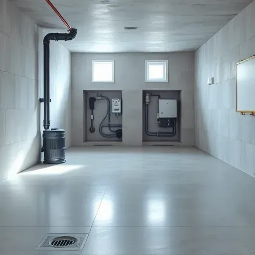 Completed basement waterproofing in Columbus Ohio with sealed walls, sump pump, drain channels, and organized utility area