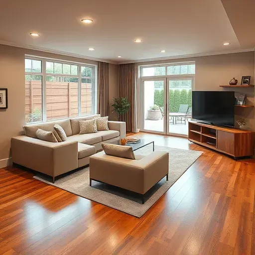 Finished Columbus Ohio basement with plush sofas, hardwood floors, large windows, and modern entertainment setup