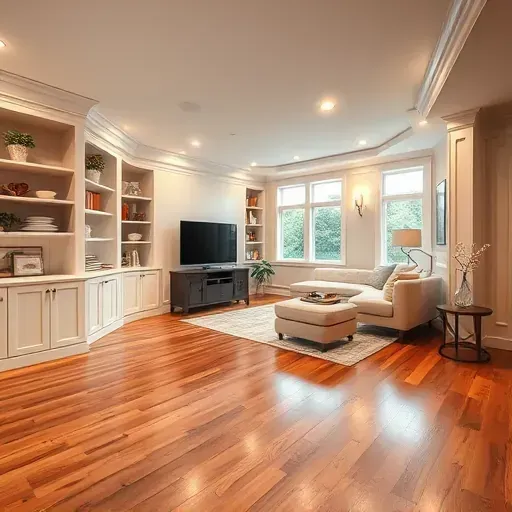 Freshly finished basement in Columbus with hardwood flooring, neutral walls, cozy sitting area, and natural light.