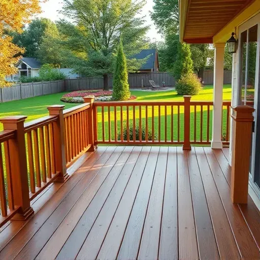 Finished wooden deck with railings, decorative posts, integrated lighting, lush backyard, and warm afternoon sunlight in Columbus Ohio