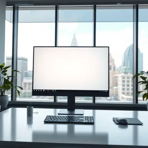 Modern office workspace with high-end computer monitor showing Windows install, cityscape view of Columbus Ohio, organized desk.