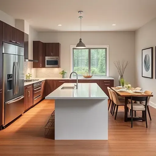 Modern kitchen remodel in Bexley, OH features elegant cabinetry, high-end appliances, and a serene dining area.