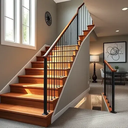 Renovated basement staircase in Columbus Ohio with warm wooden steps, modern metal railings, and cozy stylish basement decor