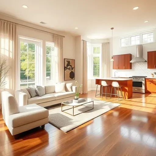 Modern living room in Hilliard, OH, with open concept design, wooden flooring, sleek kitchen, and serene ambiance.