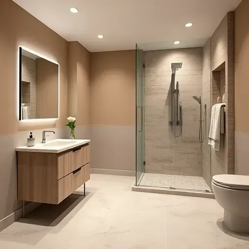 Finished basement bathroom in Columbus Ohio with neutral ceramic tiles, modern vanity, glass shower, and elegant details