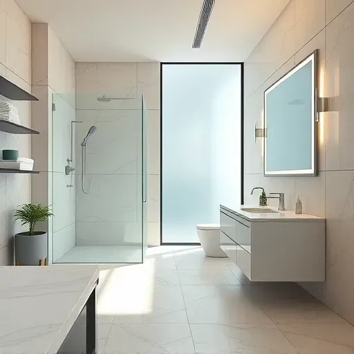 Beautiful remodeled bright bathroom in Columbus with modern fixtures, natural light, marble countertops, and elegant tiles