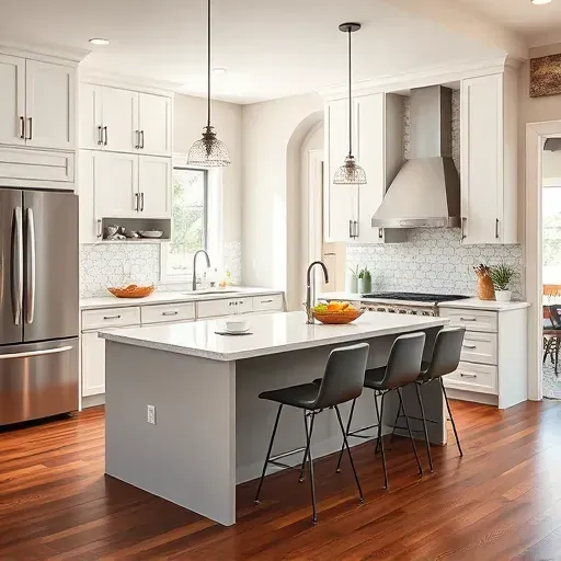 Home remodeling in Clintonville OH featuring a sleek kitchen with modern cabinetry, quartz island, and warm hardwood floors.