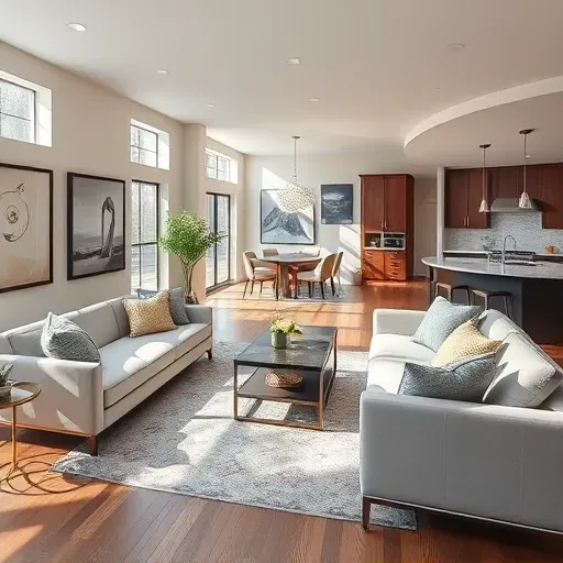 A modern living room in Urbancrest, OH, showcasing elegant furnishings, natural light, and an open-concept layout.