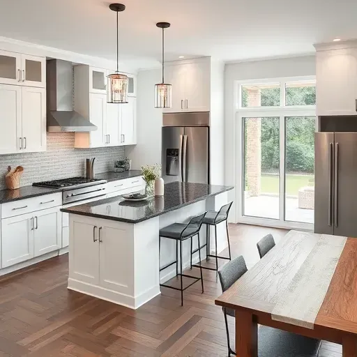 Modern kitchen remodel in Pickerington OH with white cabinetry, dark granite, stylish lights, and organized pantry.