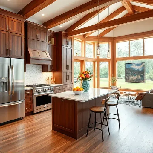 Contemporary kitchen remodel in Galena, OH featuring walnut cabinetry, quartz countertops, and stainless steel appliances.