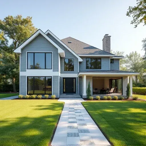 Newly completed modern home addition in Columbus Ohio with clean lines, large windows, landscaped yard and stylish walkway