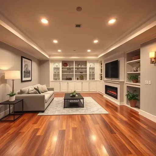Finished basement in Columbus OH featuring hardwood floors cozy seating area modern lights and elegant decor with fireplace.