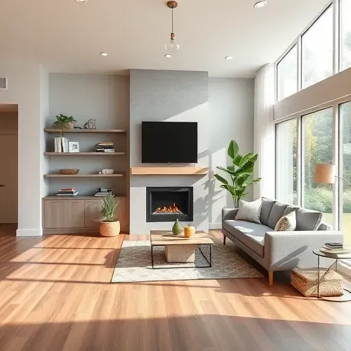 Remodeled living room in Plain City, OH, featuring hardwood floors, gray and beige tones, a fireplace, and smart home tech.