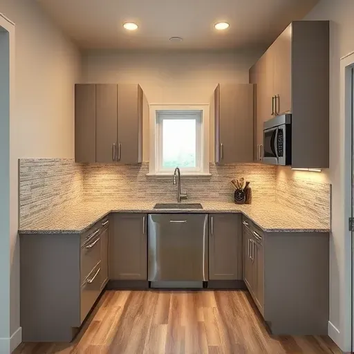Recently completed modern basement kitchenette in Columbus featuring sleek granite countertops, stainless steel appliances, and stylish backsplash tiles