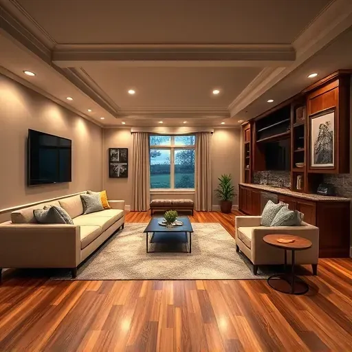 Completed stylish basement remodel in Columbus Ohio with modern furnishings, hardwood flooring, built-in entertainment center, and elegant decor