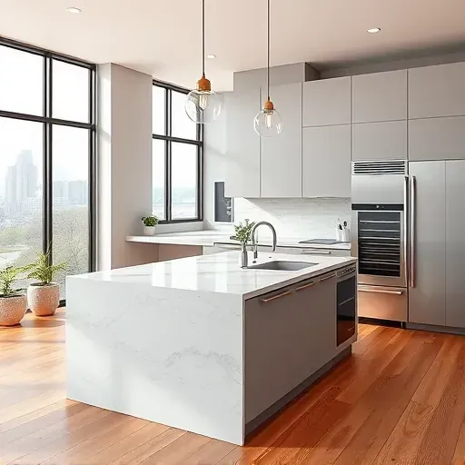 Renovated Columbus Ohio kitchen with matte cabinetry quartz island stainless appliances pendant lighting hardwood floors and large windows