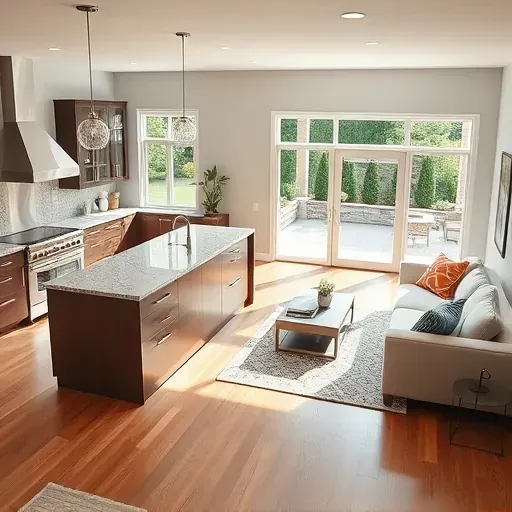 Modern open-concept kitchen and living area in remodel with stainless steel appliances and stylish decor in Dublin OH.