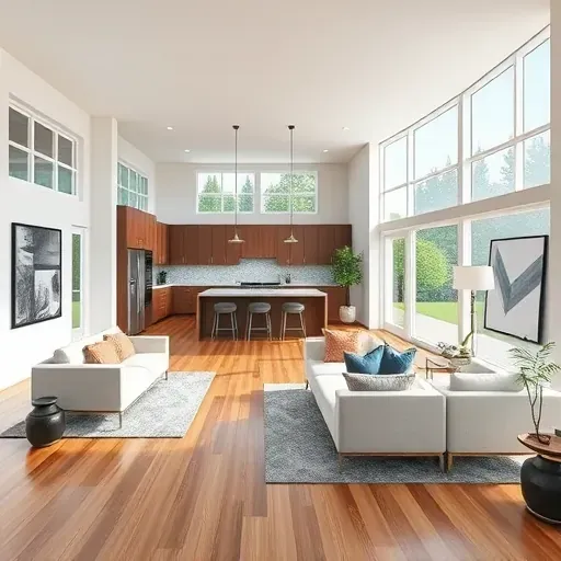 Modern open-concept living area in Clintonville OH with hardwood floors, large windows, and stylish furnishings.