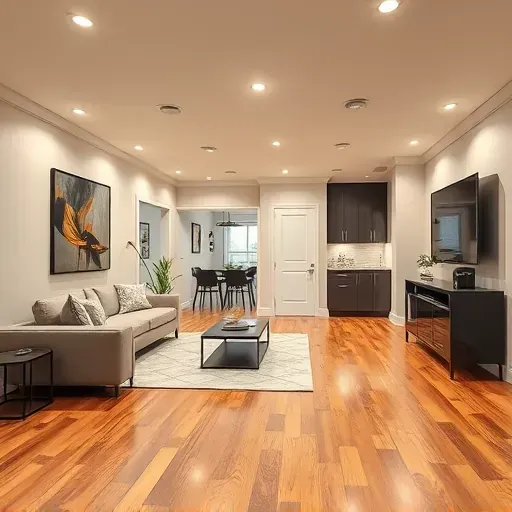 Modern finished basement interior in Columbus with hardwood floors, cozy seating, entertainment area, and stylish bar