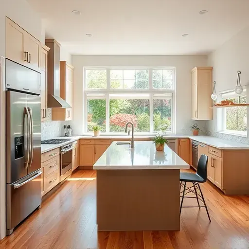 Modern kitchen remodel in Short North OH featuring sleek cabinetry, quartz island, and natural light from large windows.