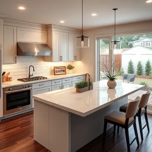 Modern kitchen remodel in Lockbourne, OH with custom cabinetry, quartz countertops, and cozy dining area featuring rustic table.