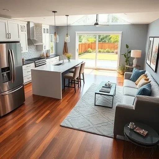 Modern kitchen remodeling in Upper Arlington, OH features quartz countertops, navy and white cabinetry, and hardwood floors.