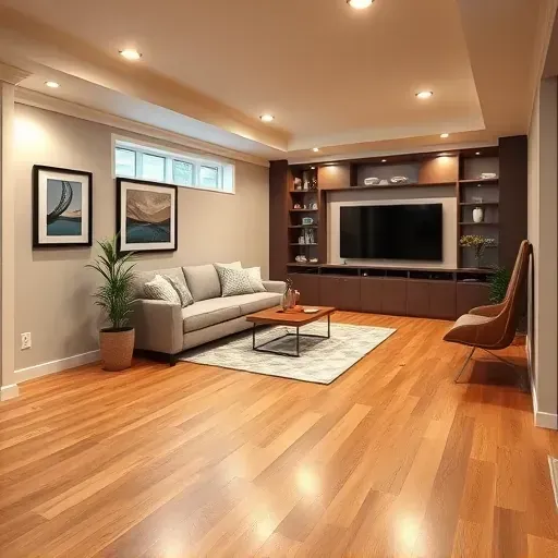 Finished basement in Columbus, modern living space with hardwood floors, sectional sofa, and contemporary decor showcased.