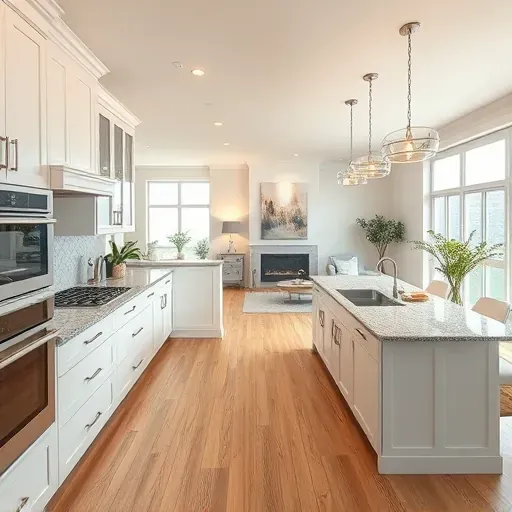 Modern kitchen in Marble Cliff OH with white cabinetry, granite counters, stainless appliances, and open living area design.