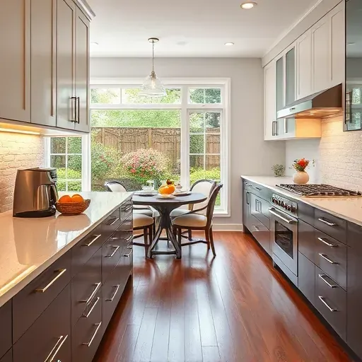 Brightly renovated kitchen in Worthington, OH features modern cabinetry, quartz countertops, and cozy dining nook.