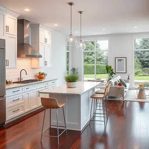 Modern kitchen remodel in Westerville OH, featuring white cabinetry, stainless steel appliances, and warm light fixtures.