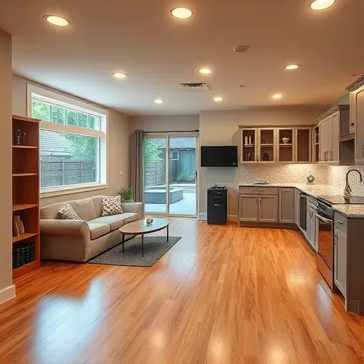 Freshly finished basement in Columbus OH with polished flooring, gray walls, and modern lighting, showcasing quality craftsmanship.